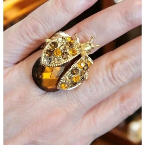 Lady Bug Ring Amber Crystal Gold Statement Stretch Insect Bug Scarab Beetle - Picture 4 of 8